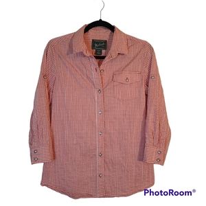 Woolrich Peach & White Checkered Plaid 3/4 Convertible Sleeve Button Down Shirt